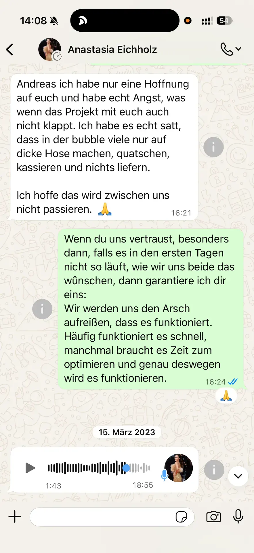 WhatsApp-Verlauf zwischen Geschäftsführer und Bewerber